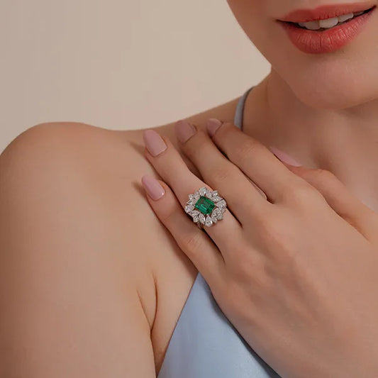 Luxury Green Emerald Ring with Lab Grown Diamond Accents