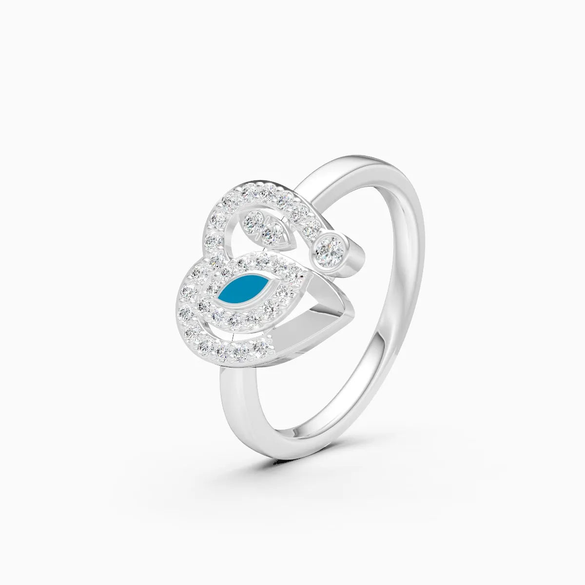 Heart Shaped Blue Enamel Evil Eye Accent Engagement Ring