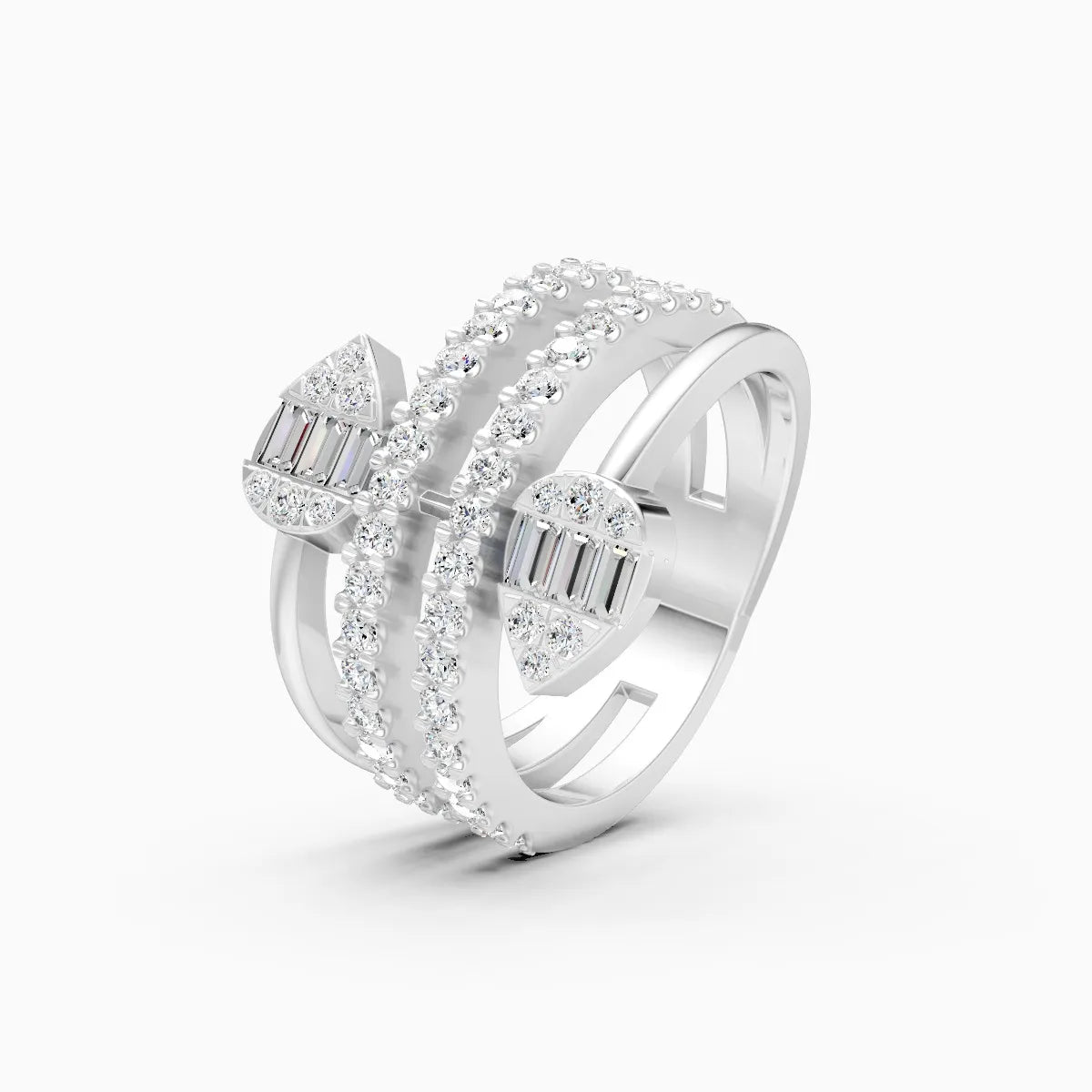 Triple Band Pear Shield And Baguette Embrace Spiral Ring