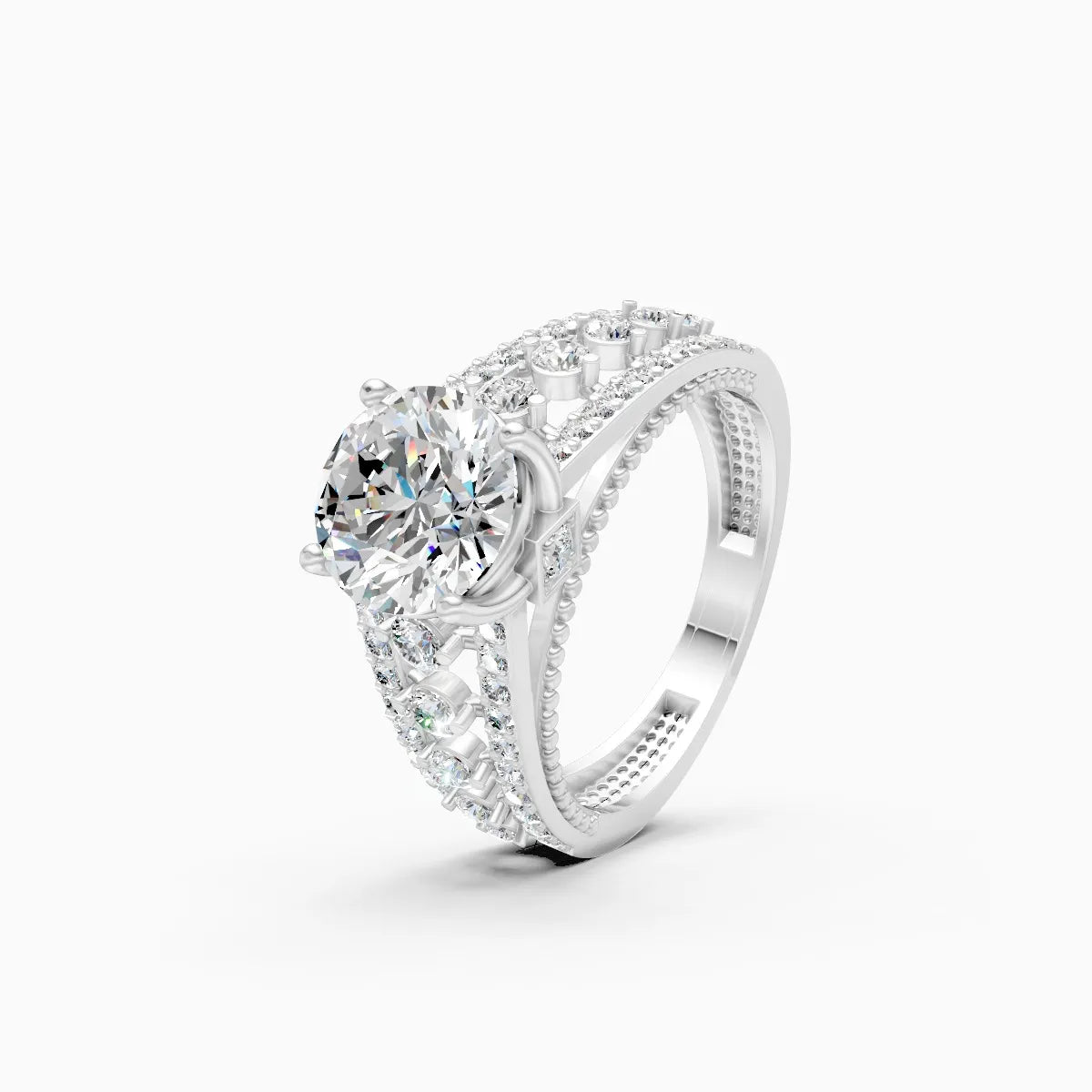 Round Solitaire and Round Centerpiece Double Shank Ring